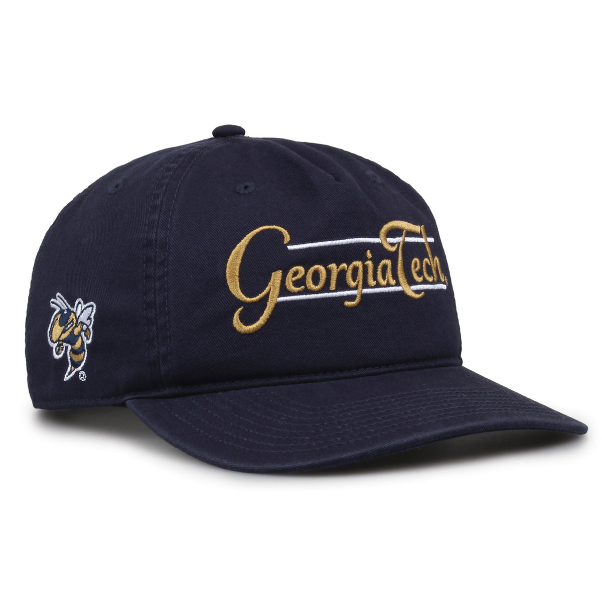Georgia Tech Yellow Jackets Original Heritage Bar Snapback in navy, angled view showing matching crown and brim