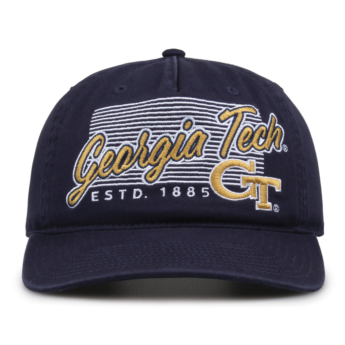 Georgia Tech Yellow Jackets Original Heritage Script Snapback in navy, front view showing embroidered school script