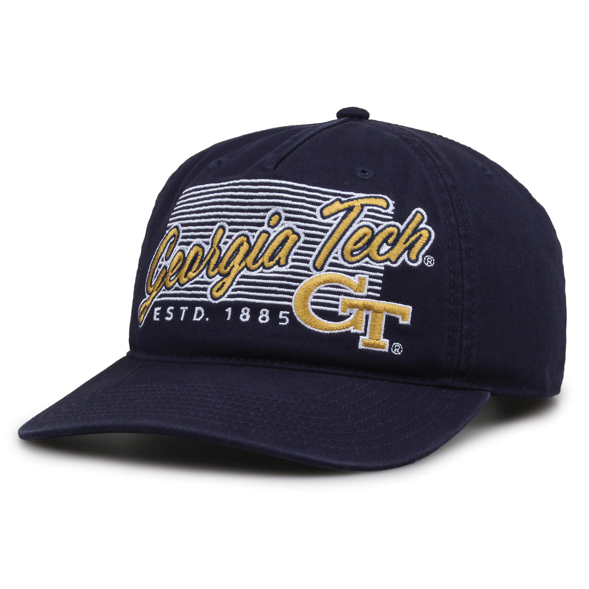 Georgia Tech Yellow Jackets Original Heritage Script Snapback in navy, angled front view showing matching crown and brim