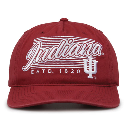 Indiana Hoosiers Original Heritage Script Snapback in vintage red, front view showing embroidered school script