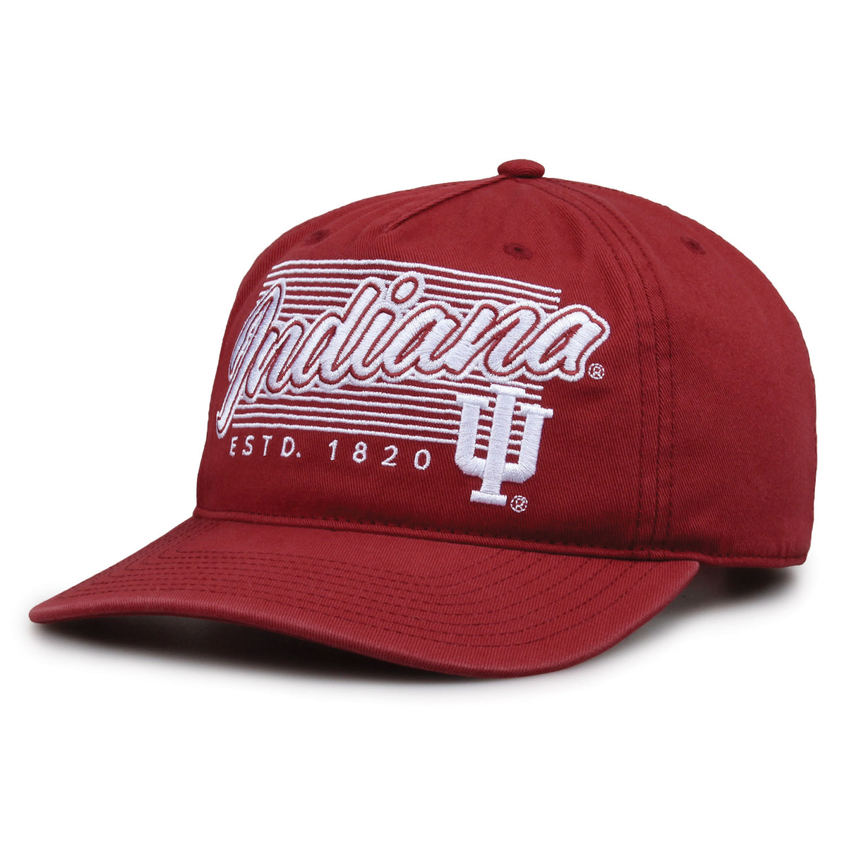 Indiana Hoosiers Original Heritage Script Snapback in vintage red, angled front view showing matching crown and brim