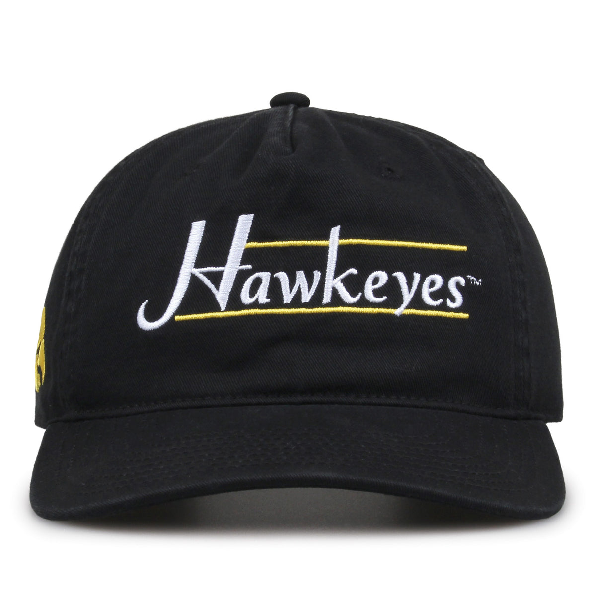 Iowa Hawkeyes Original Heritage Bar Snapback in black, front view of embroidered school script and bar design