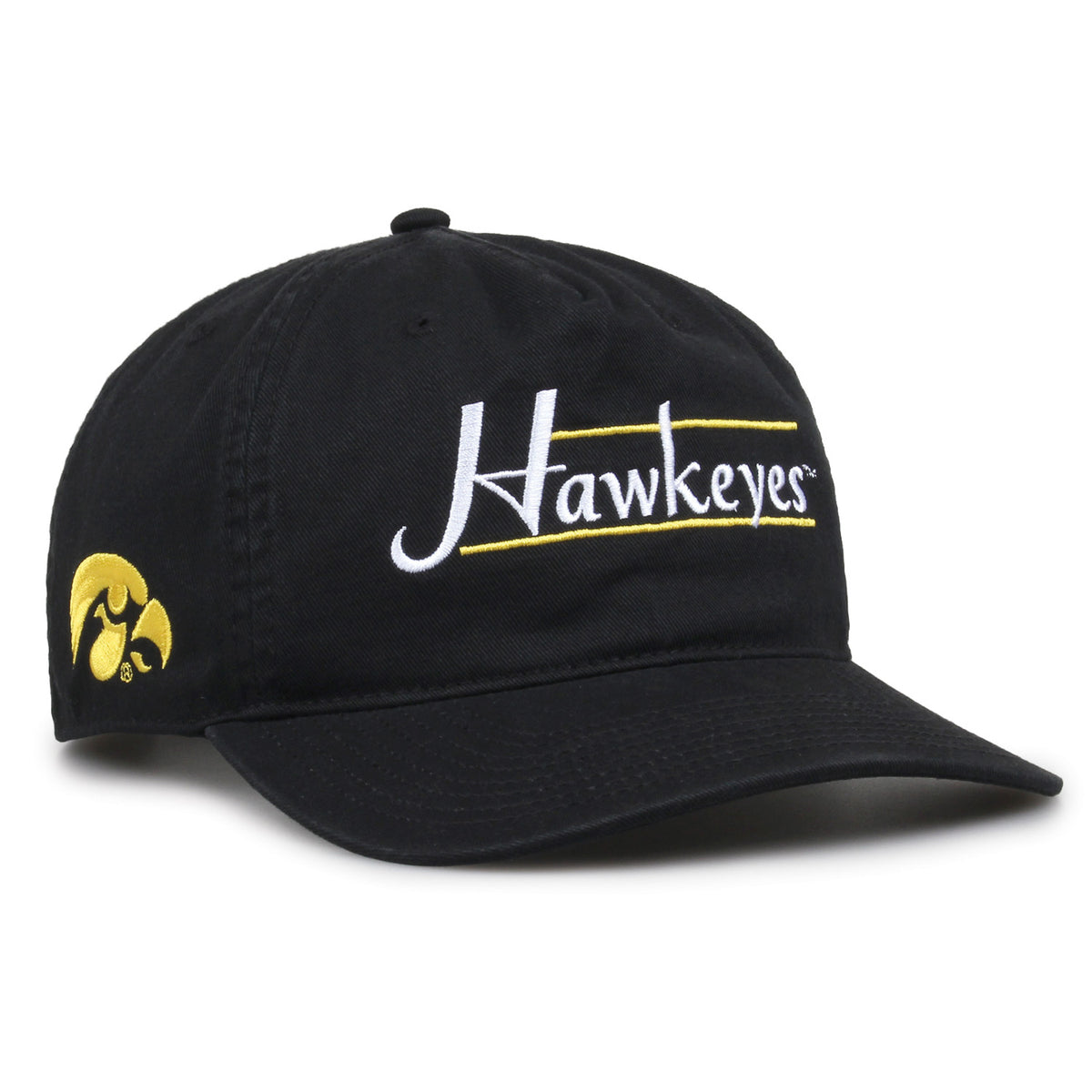 Iowa Hawkeyes Original Heritage Bar Snapback in black, angled view showing matching crown and brim