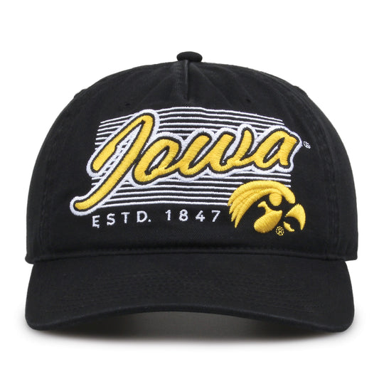 Iowa Hawkeyes Original Heritage Script Snapback in black, front view showing embroidered school script