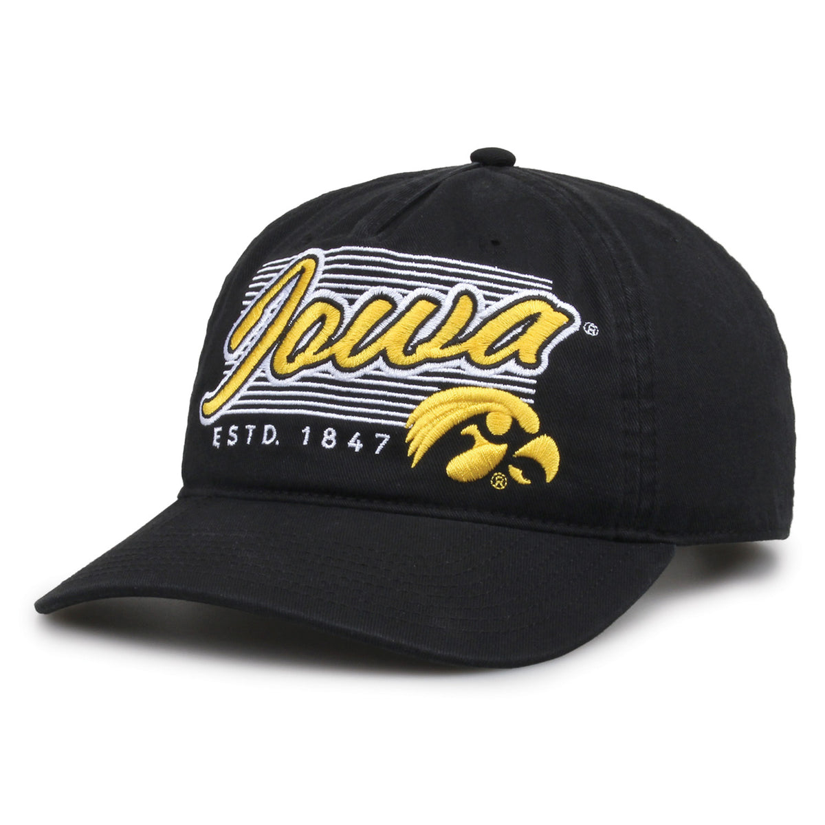 Iowa Hawkeyes Original Heritage Script Snapback in black, angled front view showing matching crown and brim