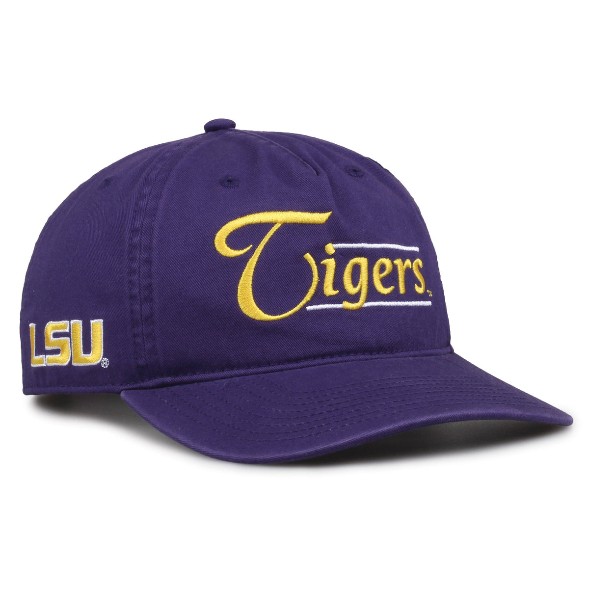 LSU Tigers Original Heritage Bar Snapback in purple, angled view showing matching crown and brim