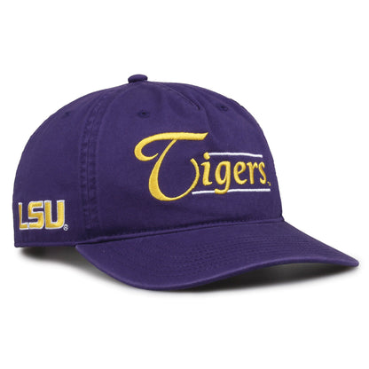 LSU Tigers Original Heritage Bar Snapback in purple, angled view showing matching crown and brim