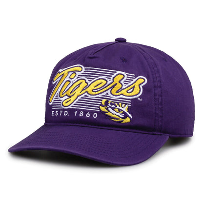 LSU Tigers Original Heritage Script Snapback in purple, angled front view showing matching crown and brim