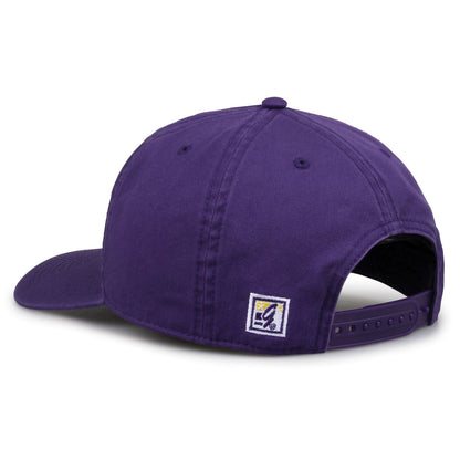 LSU Tigers Original Heritage Script Snapback in purple, rear view showing adjustable snapback closure
