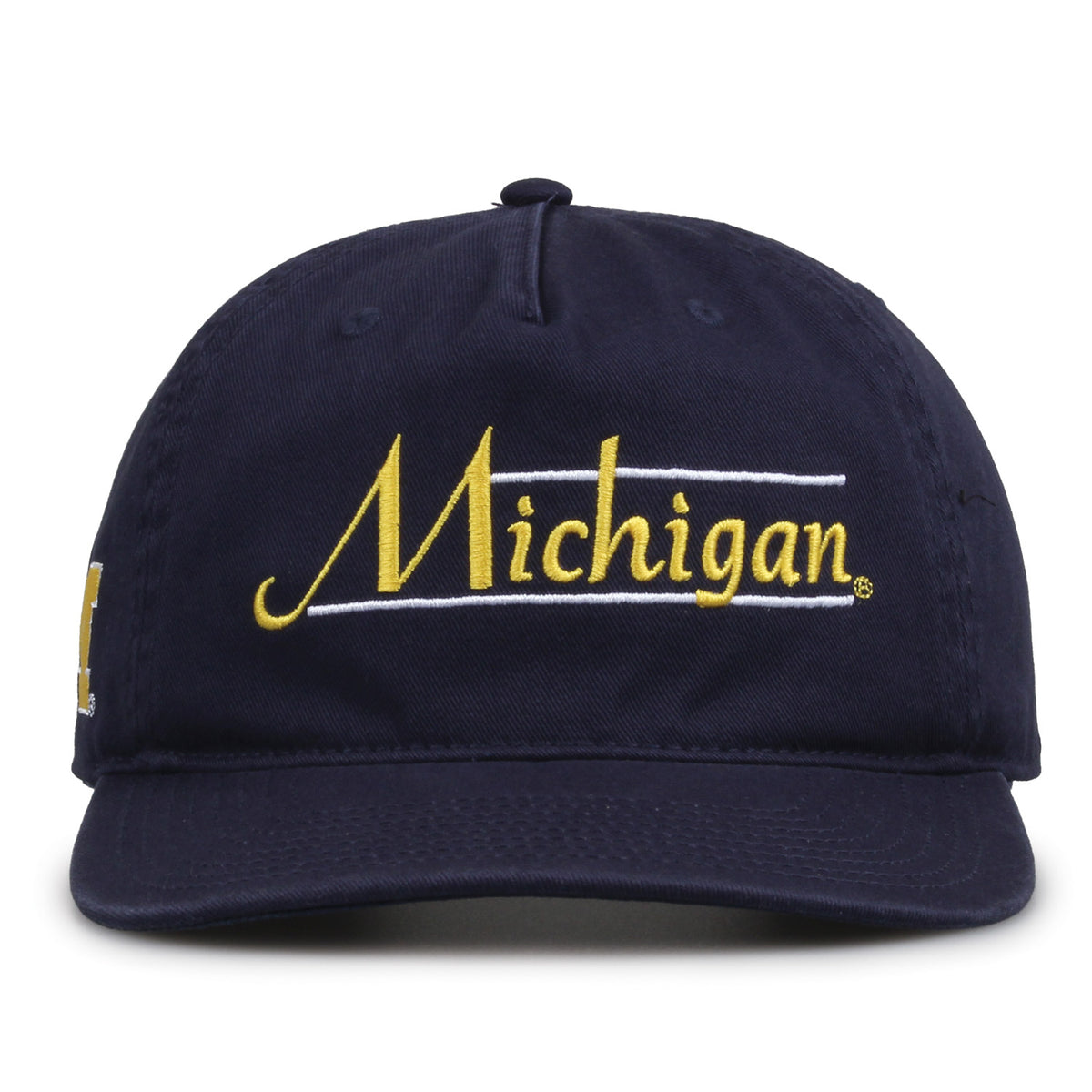 Michigan Wolverines Original Heritage Bar Snapback in navy, front view of embroidered school script and bar design