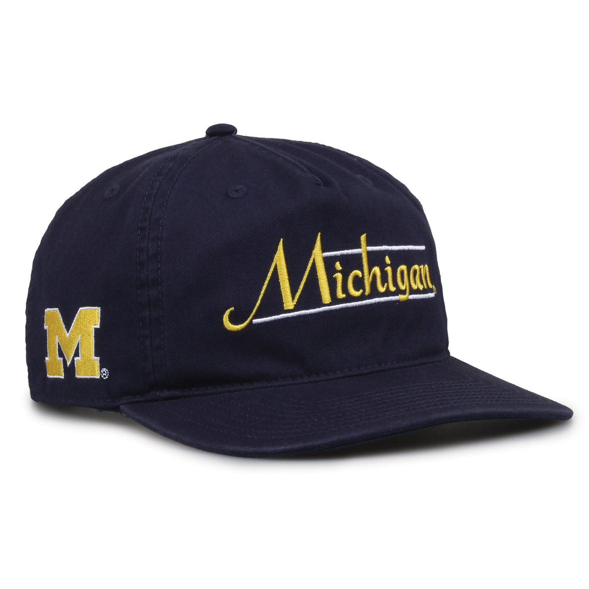 Michigan Wolverines Original Heritage Bar Snapback in navy, angled view showing matching crown and brim