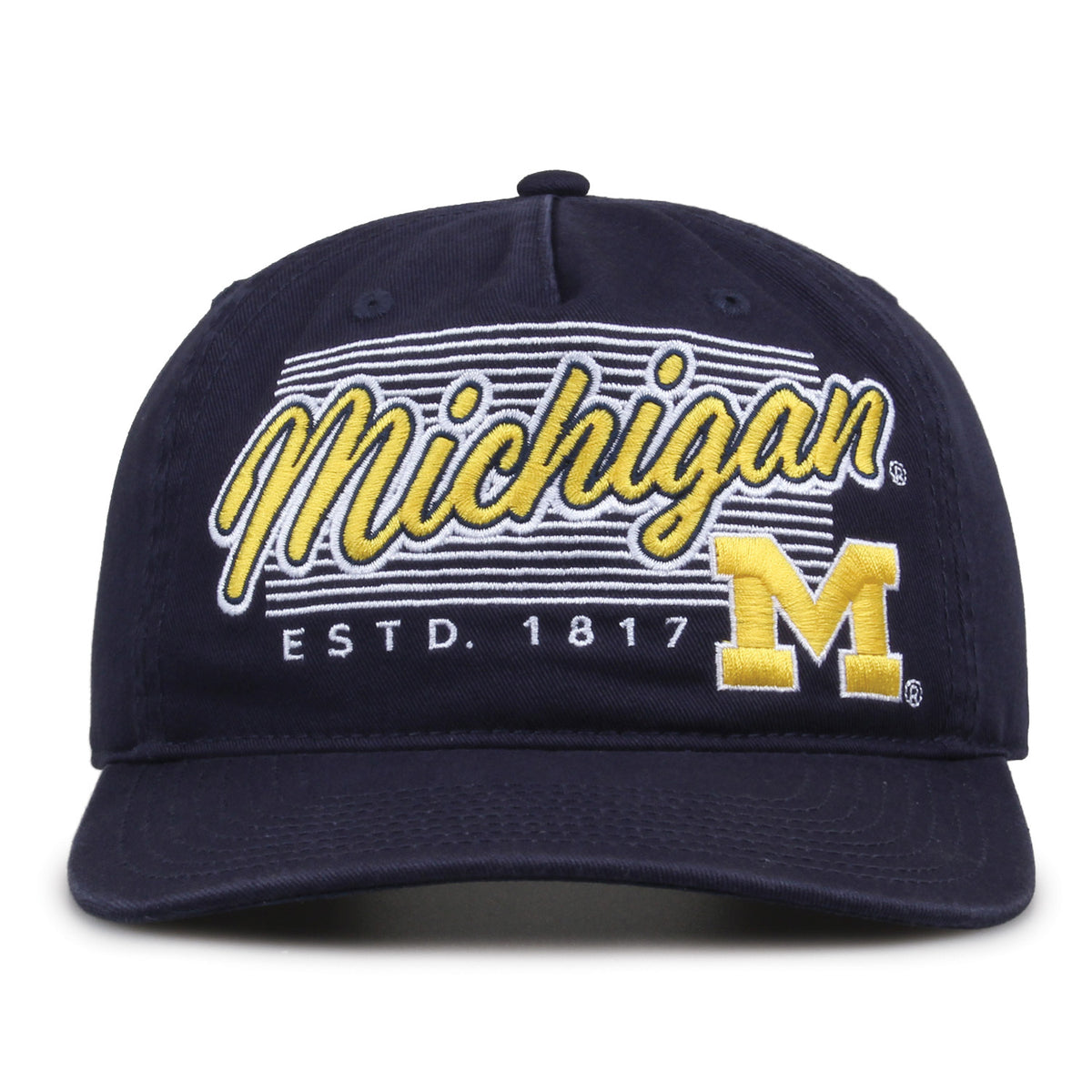 Michigan Wolverines Original Heritage Script Snapback in navy, front view showing embroidered school script