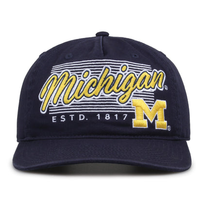 Michigan Wolverines Original Heritage Script Snapback in navy, front view showing embroidered school script