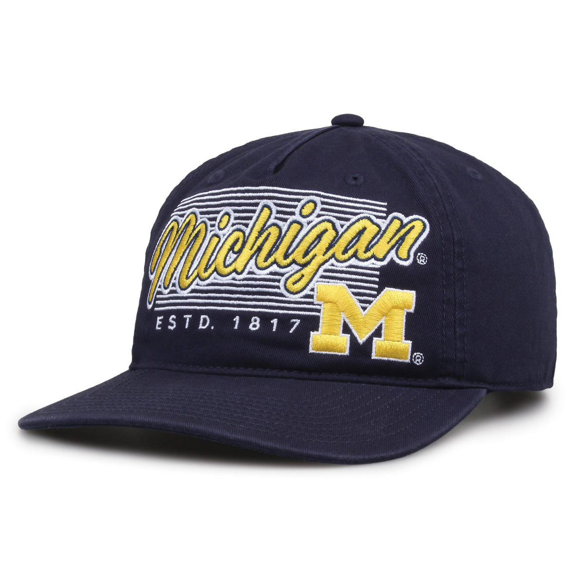 Michigan Wolverines Original Heritage Script Snapback in navy, angled front view showing matching crown and brim