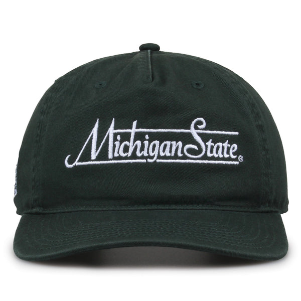 Michigan State Spartans Original Heritage Bar Snapback in dark green, front view of embroidered school script and bar design