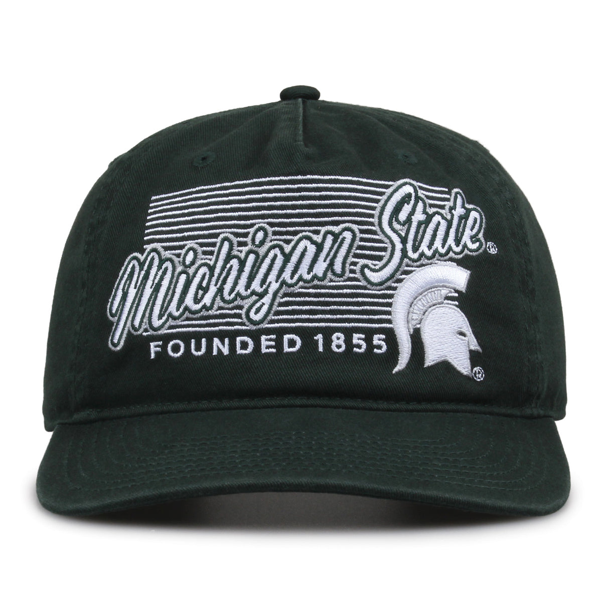 Michigan State Spartans Original Heritage Script Snapback in dark green, front view showing embroidered school script