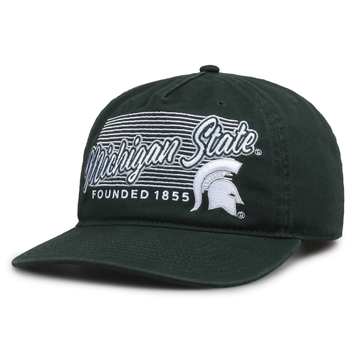 Michigan State Spartans Original Heritage Script Snapback in dark green, angled front view showing matching crown and brim