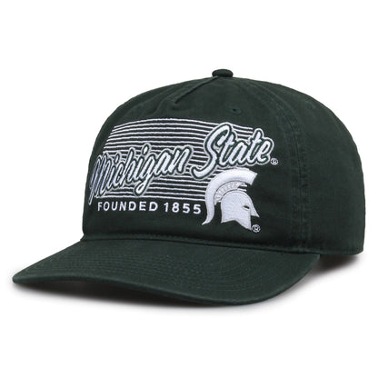 Michigan State Spartans Original Heritage Script Snapback in dark green, angled front view showing matching crown and brim