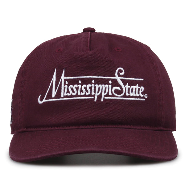 Mississippi State Bulldogs Original Heritage Bar Snapback in dark maroon, front view of embroidered school script and bar design