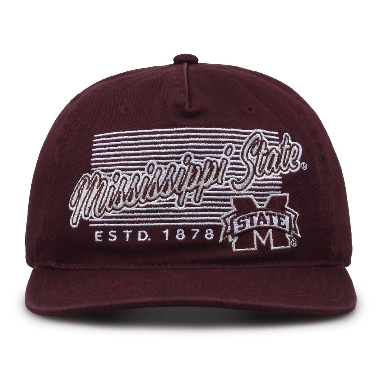 Mississippi State Bulldogs Original Heritage Script Snapback in dark maroon, front view showing embroidered school script
