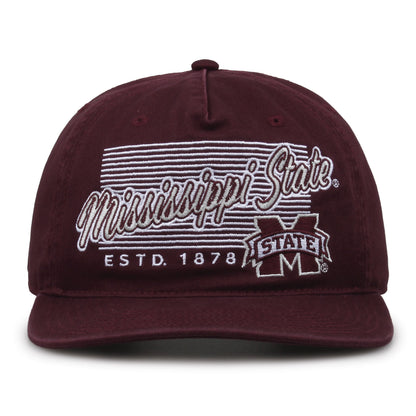 Mississippi State Bulldogs Original Heritage Script Snapback in dark maroon, front view showing embroidered school script