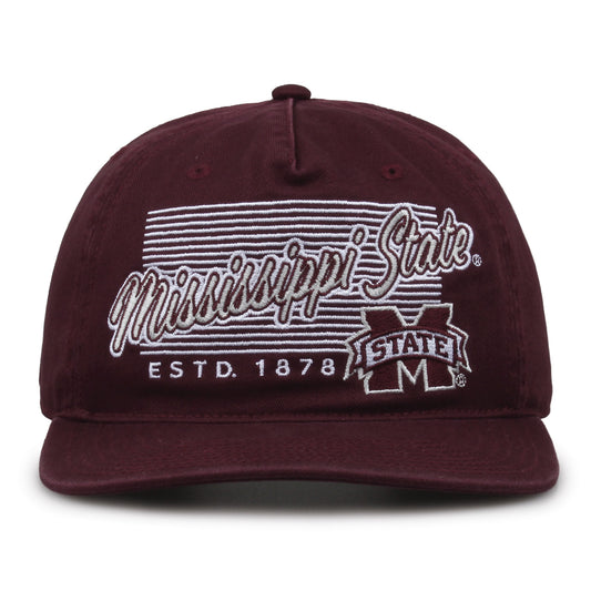 Mississippi State Bulldogs Original Heritage Script Snapback in dark maroon, front view showing embroidered school script