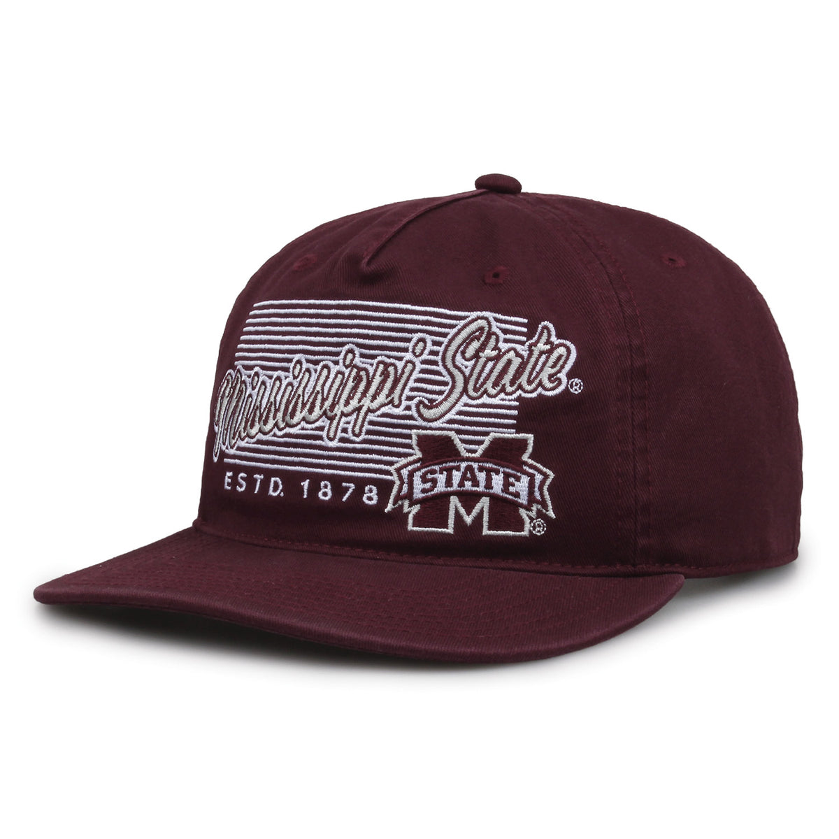 Mississippi State Bulldogs Original Heritage Script Snapback in dark maroon, angled front view showing matching crown and brim