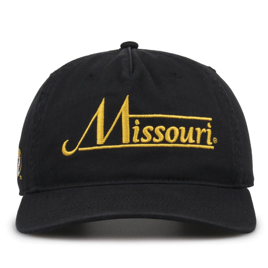 Missouri Tigers Original Heritage Bar Snapback in black, front view of embroidered school script and bar design