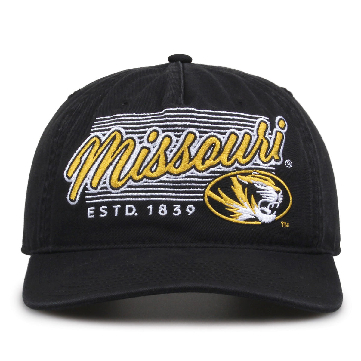 Missouri Tigers Original Heritage Script Snapback in black, front view showing embroidered school script