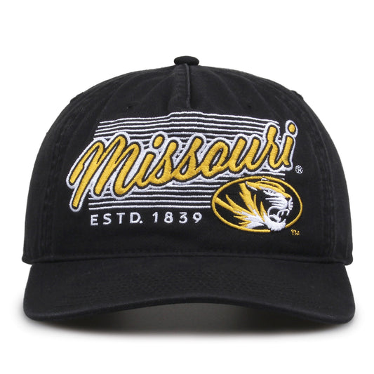 Missouri Tigers Original Heritage Script Snapback in black, front view showing embroidered school script