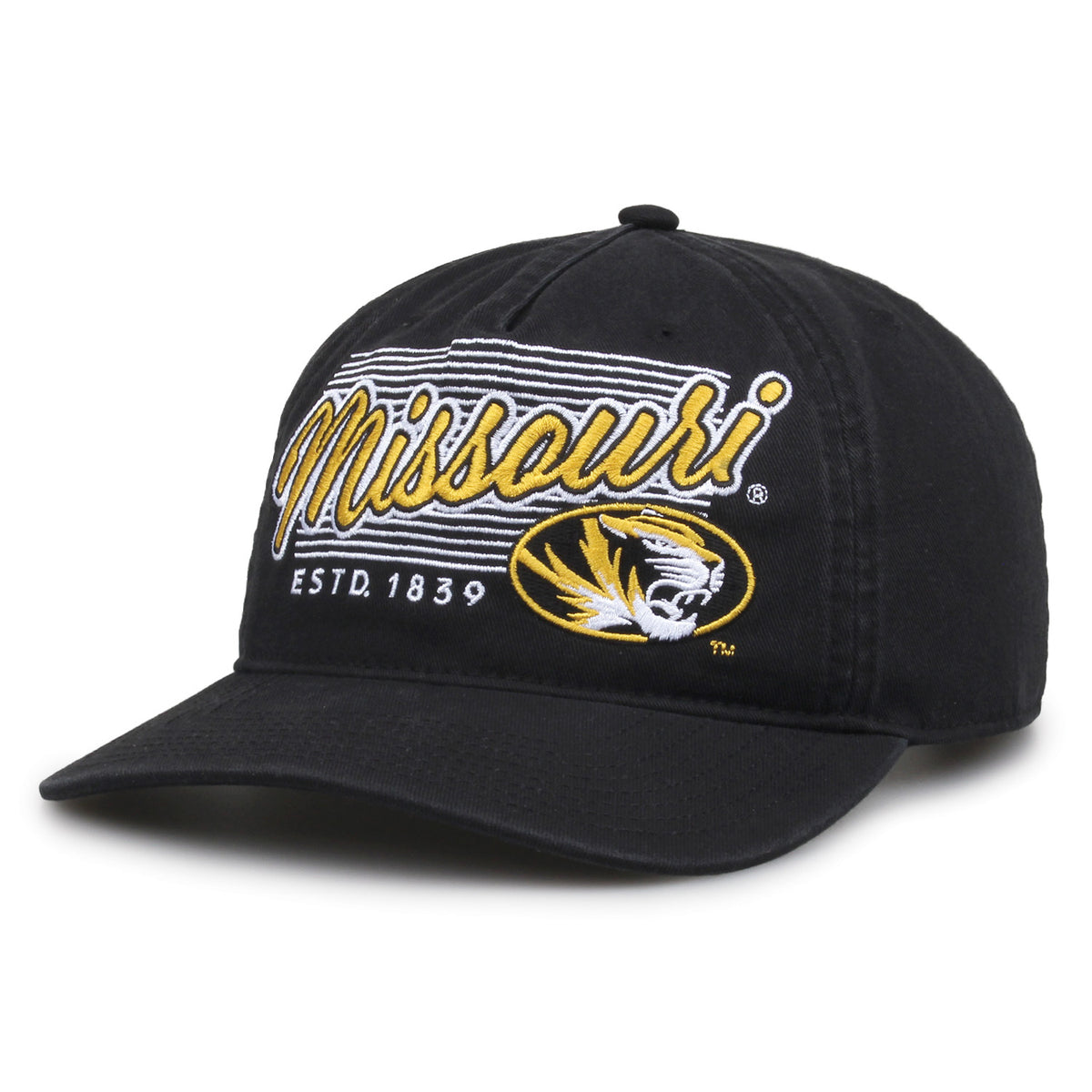 Missouri Tigers Original Heritage Script Snapback in black, angled front view showing matching crown and brim