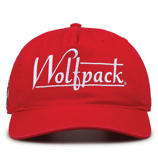 NC State Wolfpack Original Heritage Bar Snapback in red, front view of embroidered school script and bar design