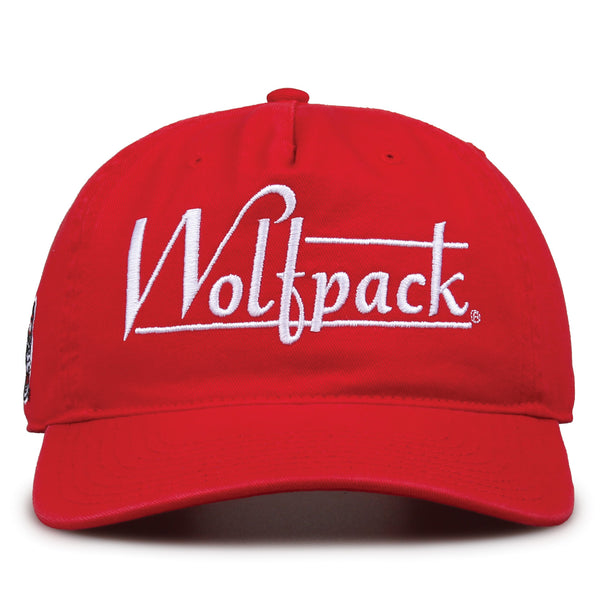 NC State Wolfpack Original Heritage Bar Snapback in red, front view of embroidered school script and bar design