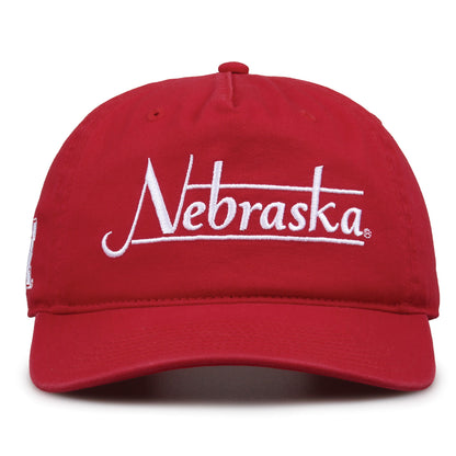 Nebraska Cornhuskers Original Heritage Bar Snapback in red, front view of embroidered school script and bar design