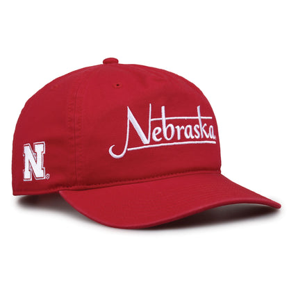Nebraska Cornhuskers Original Heritage Bar Snapback in red, angled view showing matching crown and brim
