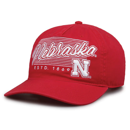 Nebraska Cornhuskers Original Heritage Script Snapback in red, angled front view showing matching crown and brim