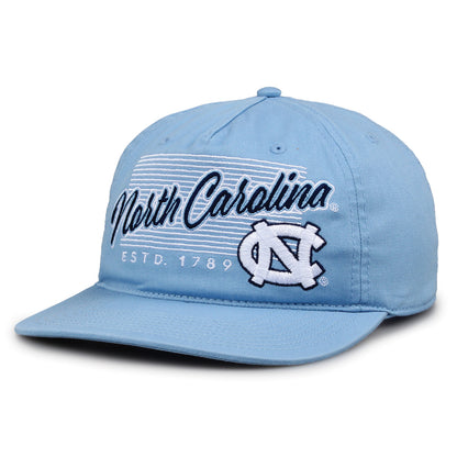 North Carolina Tar Heels Original Heritage Script Snapback in columbia blue, angled front view showing matching crown and brim
