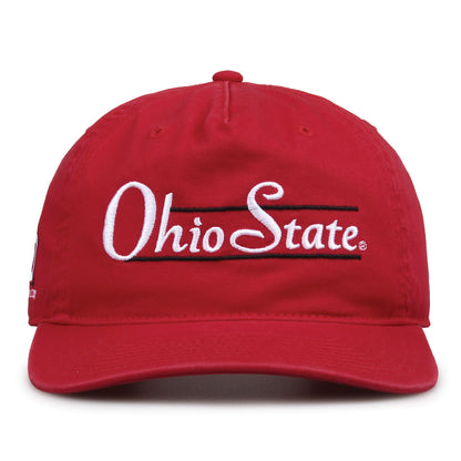 Ohio State Buckeyes Original Heritage Bar Snapback in red, front view of embroidered school script and bar design