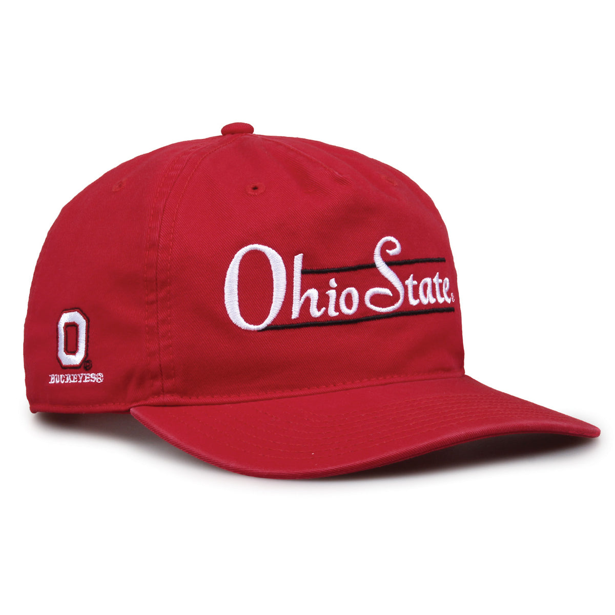 Ohio State Buckeyes Original Heritage Bar Snapback in red, angled view showing matching crown and brim