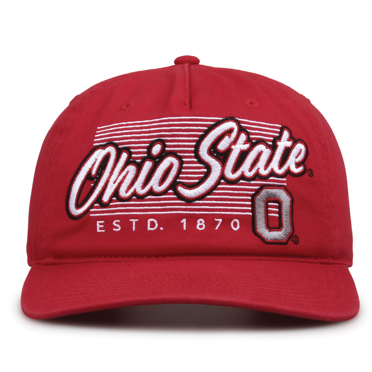 Ohio State Buckeyes Original Heritage Script Snapback in red, front view showing embroidered school script