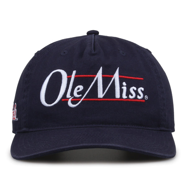 Ole Miss Rebels Original Heritage Bar Snapback in navy, front view of embroidered school script and bar design