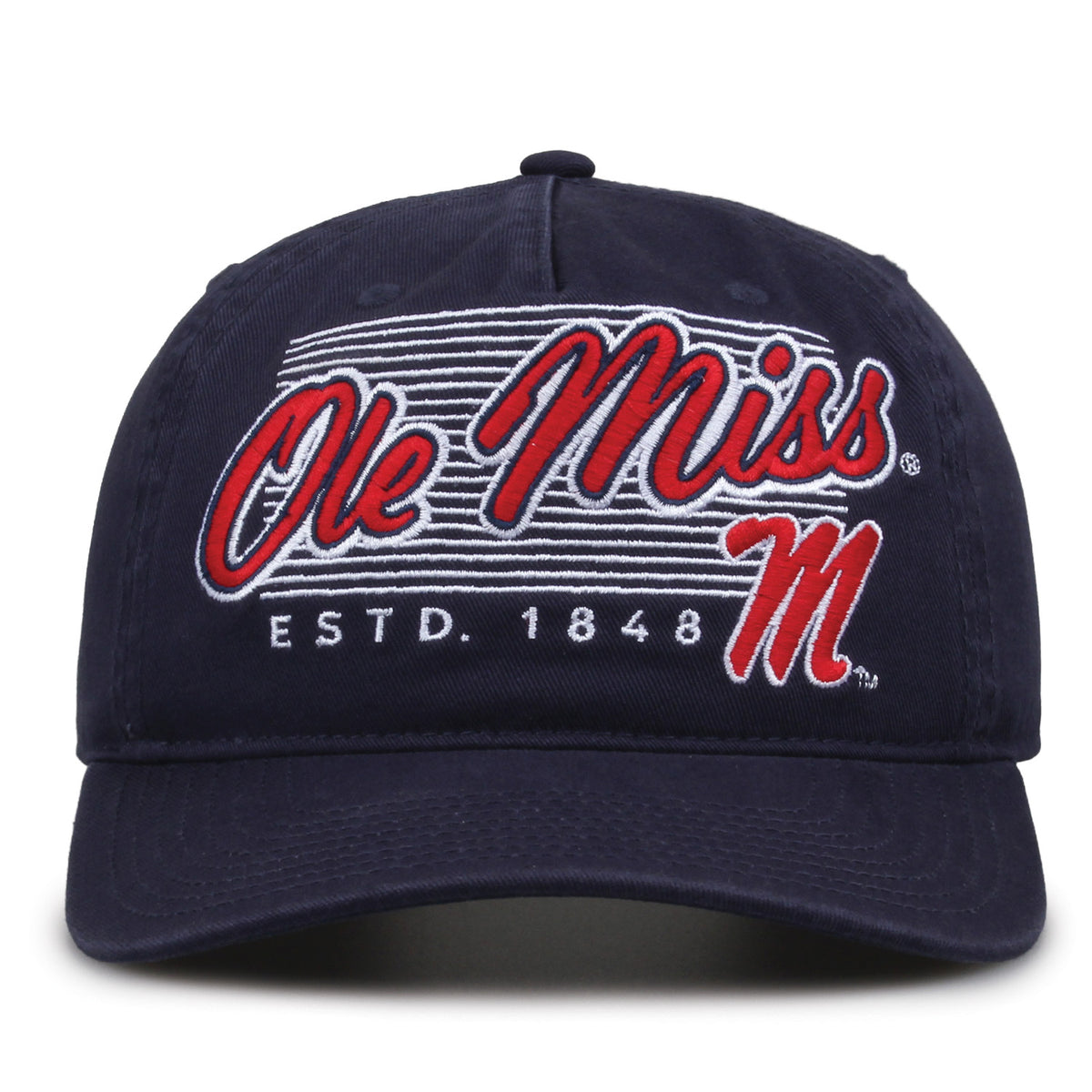 Ole Miss Rebels Original Heritage Script Snapback in navy, front view showing embroidered school script