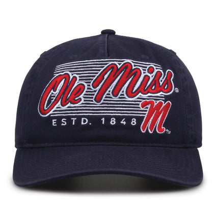 Ole Miss Rebels Original Heritage Script Snapback in navy, front view showing embroidered school script