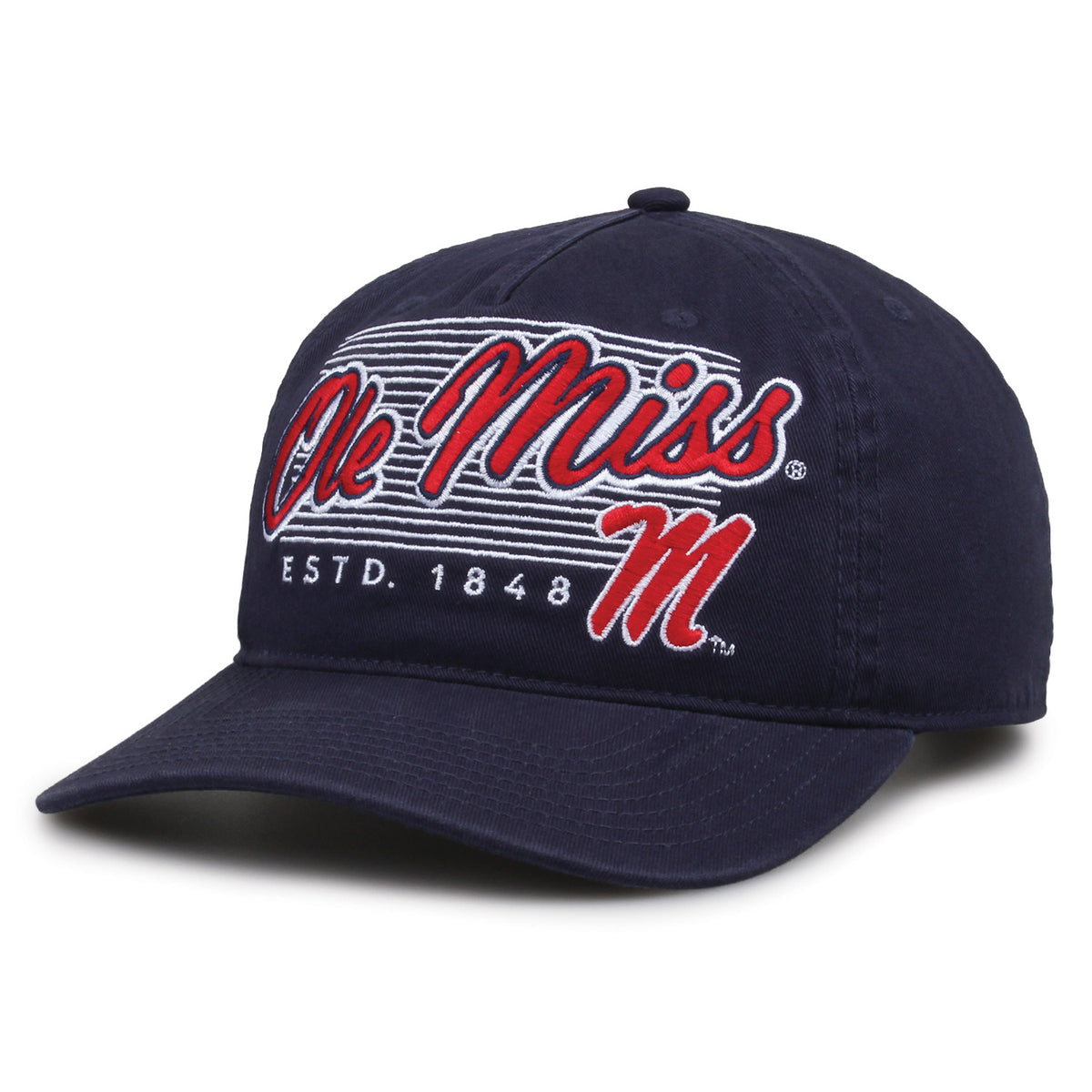 Ole Miss Rebels Original Heritage Script Snapback in navy, angled front view showing matching crown and brim