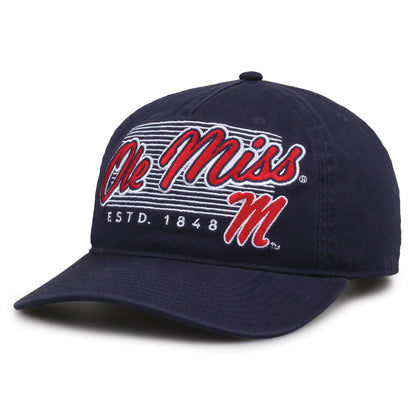 Ole Miss Rebels Original Heritage Script Snapback in navy, angled front view showing matching crown and brim