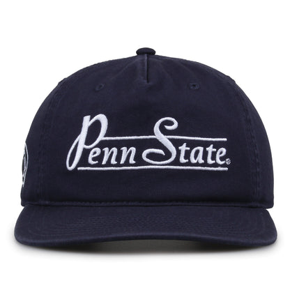 Penn State Nittany Lions Original Heritage Bar Snapback in navy, front view of embroidered school script and bar design