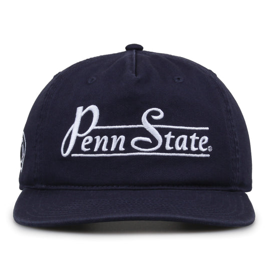 Penn State Nittany Lions Original Heritage Bar Snapback in navy, front view of embroidered school script and bar design