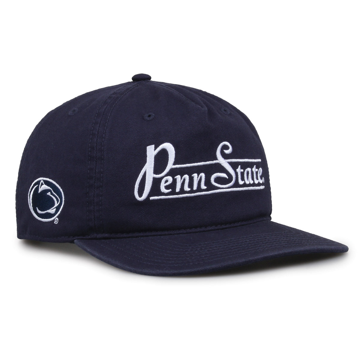 Penn State Nittany Lions Original Heritage Bar Snapback in navy, angled view showing matching crown and brim