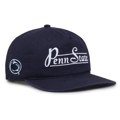 Penn State Nittany Lions Original Heritage Bar Snapback in navy, angled view showing matching crown and brim