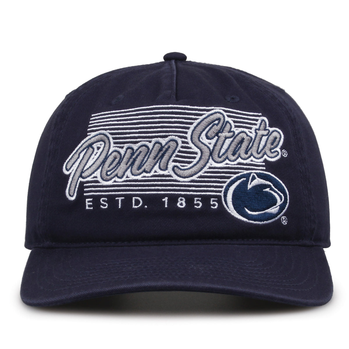 Penn State Nittany Lions Original Heritage Script Snapback in navy, front view showing embroidered school script